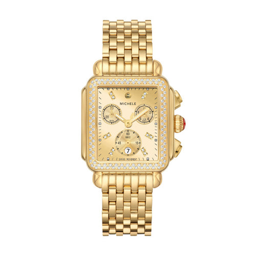 Michele Deco High Shine Gold Chronograph Dial Watch with Diamond Embezzled Gold and Gold Linked Band