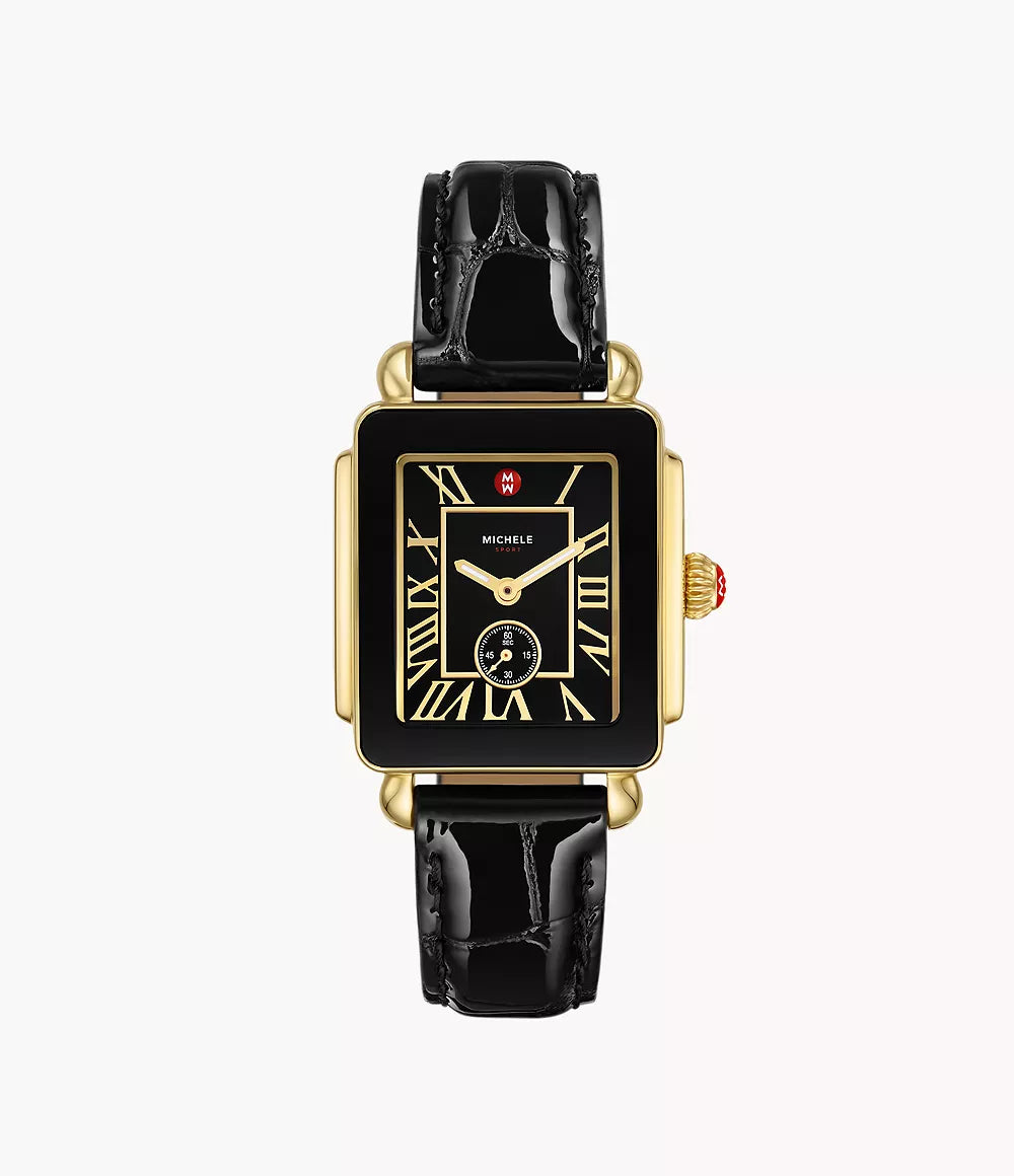 MICHELE Deco Sport Mid Gold-Plated Black Leather Watch