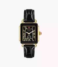 MICHELE Deco Sport Mid Gold-Plated Black Leather Watch
