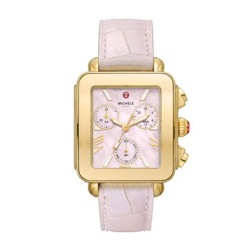 Michele Deco Sport Peony Chrono Dial, Gold Case with Iridescent Pink Alligator Strap