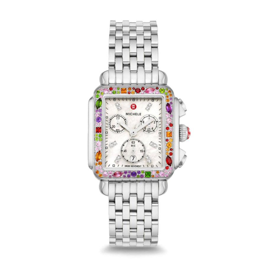 MICHELE Watches Deco Soirée Stainless Steel White Mother Of Pearl Watch With Mixed Gemstones (33mm)