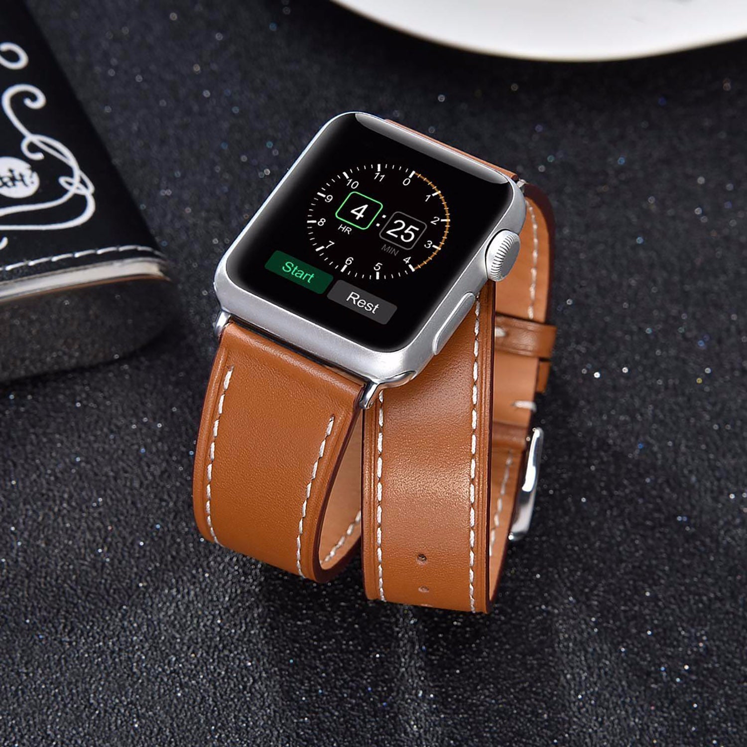 Brown Leather Double Tour Watchband Compatible For Use With The Apple Watch®