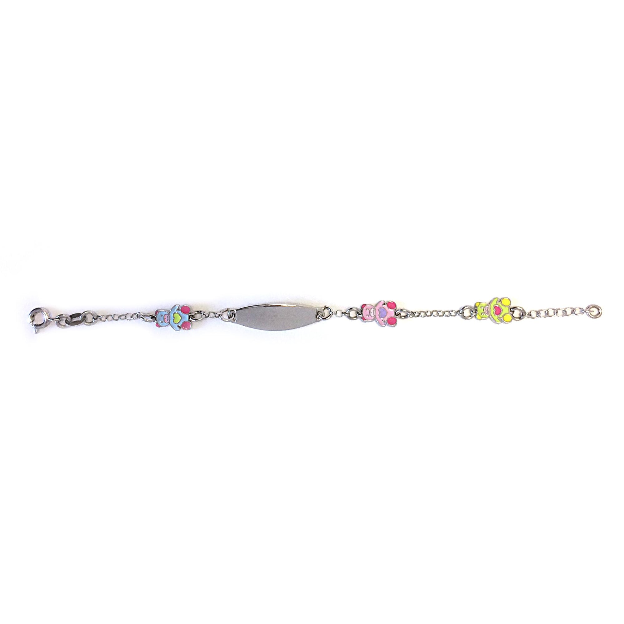 My First ID Bracelet with Plaque and Teddy Bear Charms Silver Tone