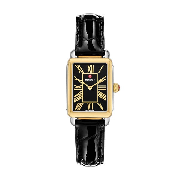 Michele Deco Park 18K Gold-Plated Watch with Black Dial & Crocodile-Style Strap