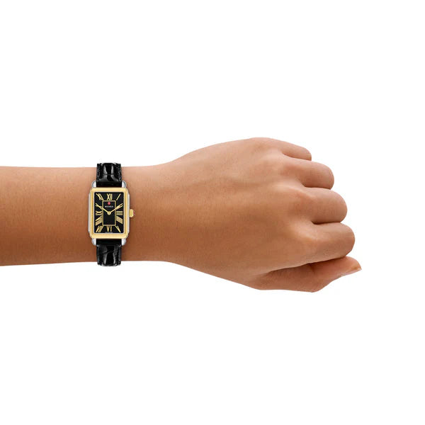 Michele Deco Park 18K Gold-Plated Watch with Black Dial & Crocodile-Style Strap