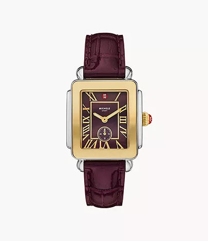 Michele Deco Sport Mid Gold-Plated Dark Cherry Leather Watch