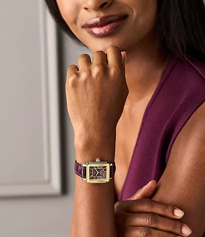 Michele Deco Sport Mid Gold-Plated Dark Cherry Leather Watch