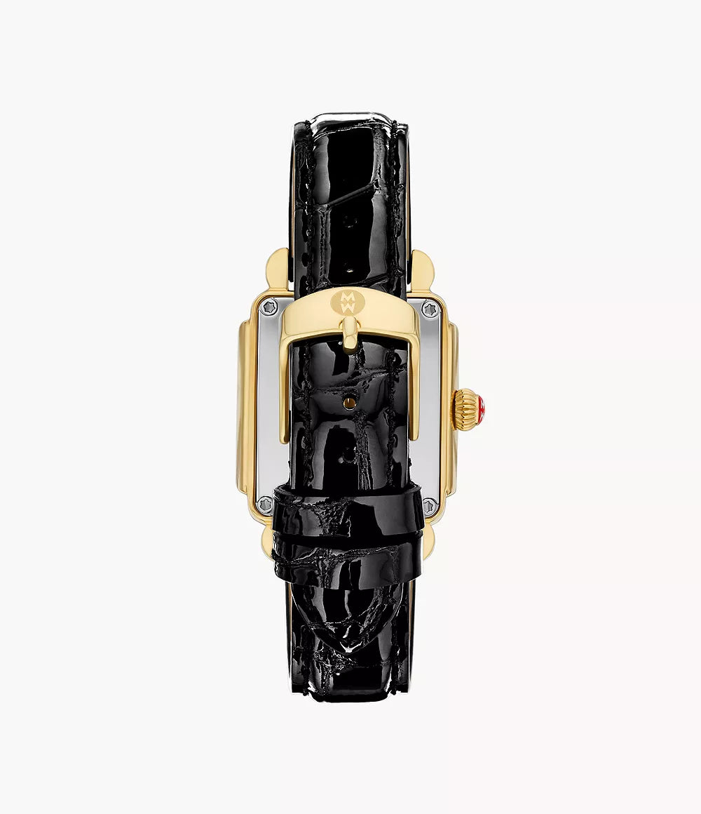 MICHELE Deco Sport Mid Gold-Plated Black Leather Watch