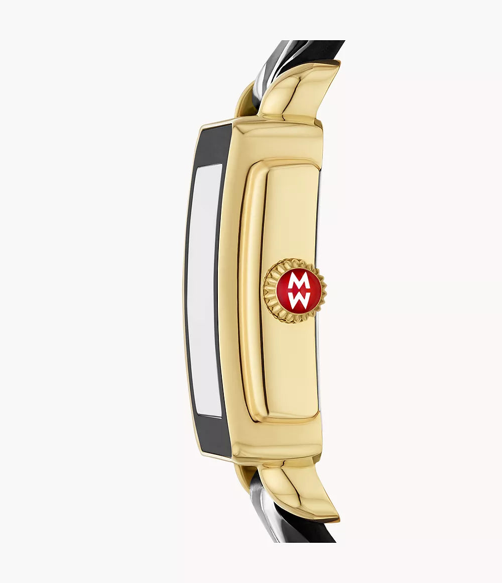 MICHELE Deco Sport Mid Gold-Plated Black Leather Watch