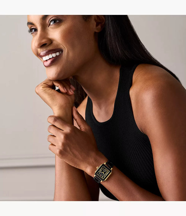 MICHELE Deco Sport Mid Gold-Plated Black Leather Watch