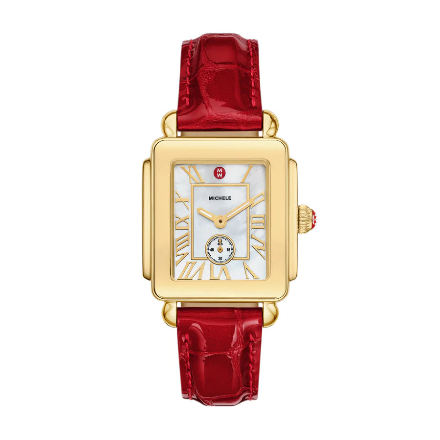 Michele Deco Park 18K Gold-Plated Watch with White Dial & Ruby Red Crocodile-Style Strap