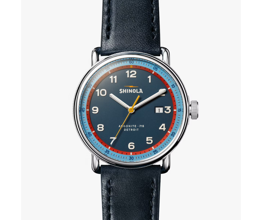 Shinola Canfield C56-43mm-Blue Red Dial with Navy Leather band