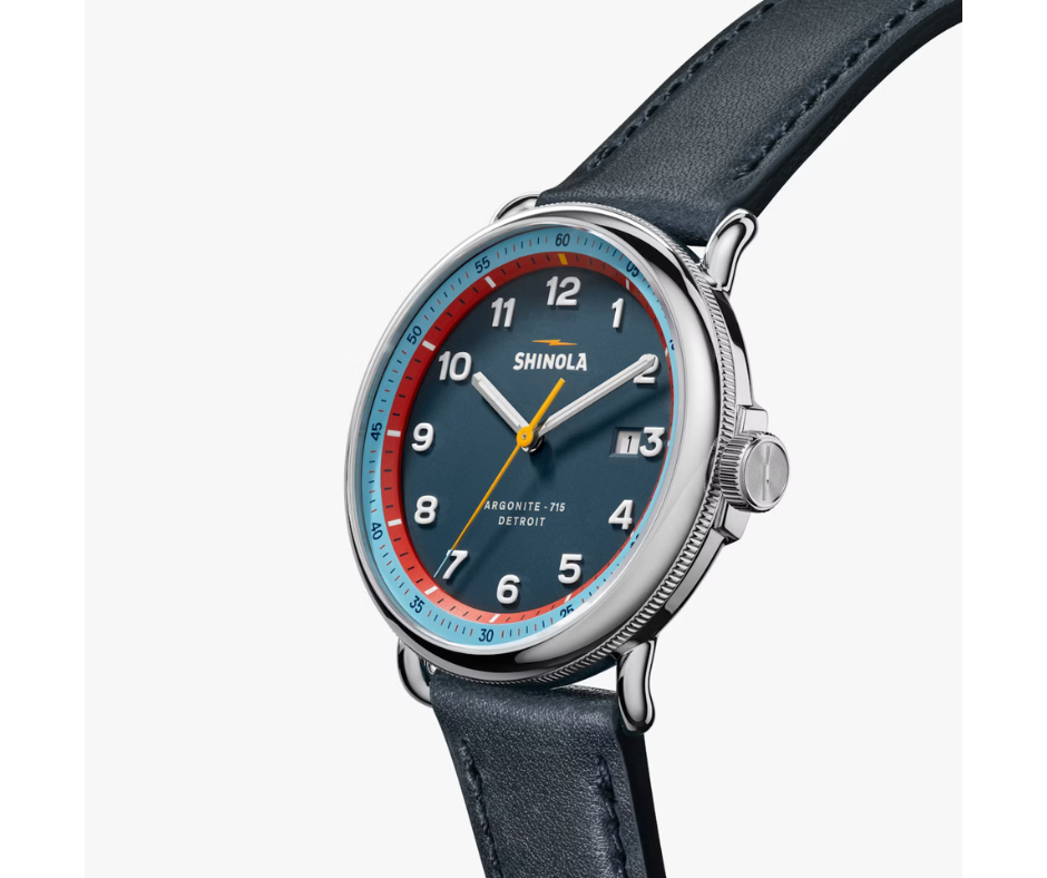 Shinola Canfield C56-43mm-Blue Red Dial with Navy Leather band