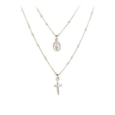 color-silver, Sterling Silver Double Chain Cross and Mary Medal