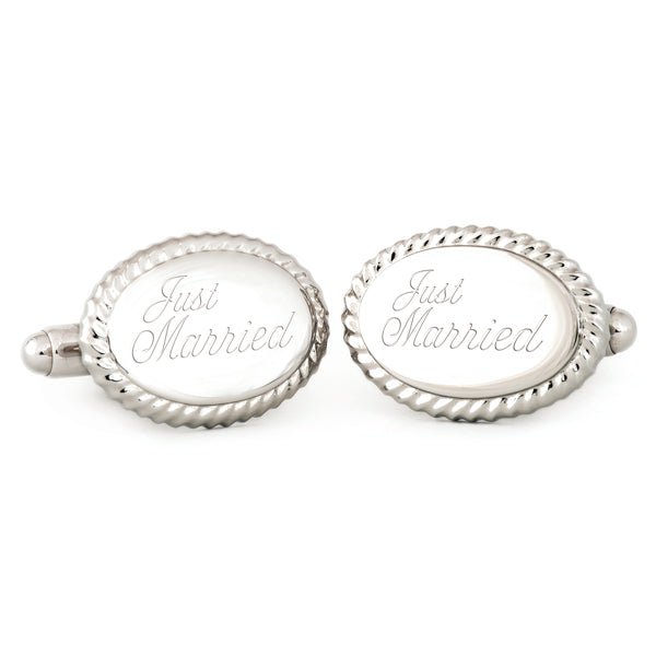 Oval Beaded Edge Cuff Links w/ "Just Married" Engraving