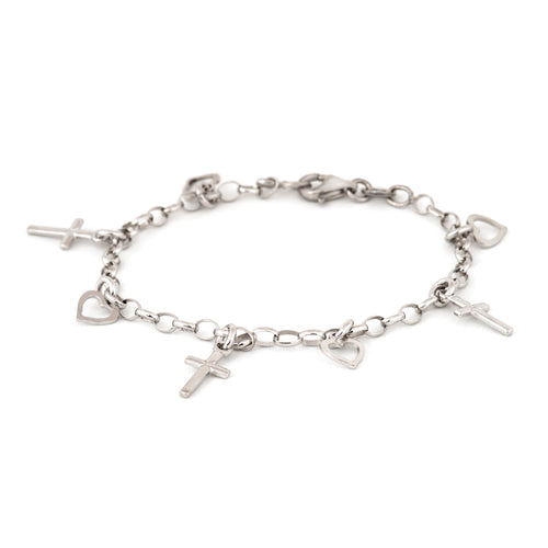 Sterling Silver Bracelet with Heart and Cross Charms