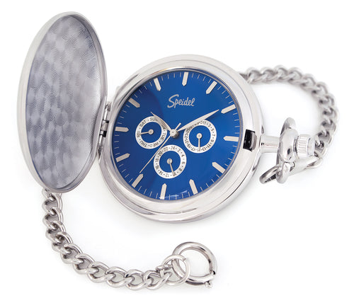 Speidel Classic Smooth Pocket Watch with 14" Chain, Silver Tone with Blue Dial in Gift Box  "Engravable"