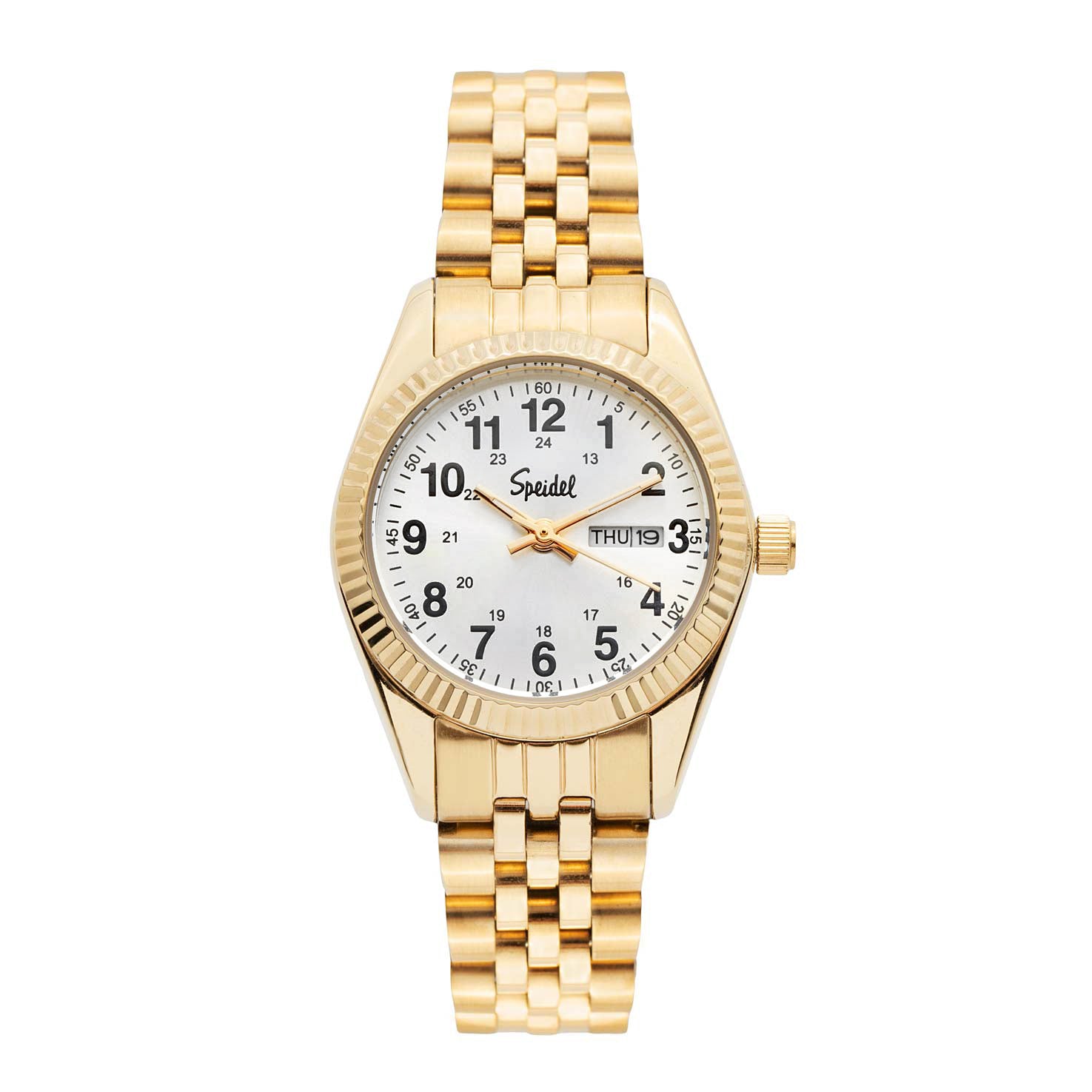 Gold coloured round metal ladies' watch with black face - fancy
