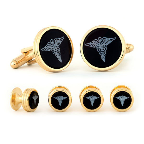 Etched Caduceus Cuff Link & Stud Set