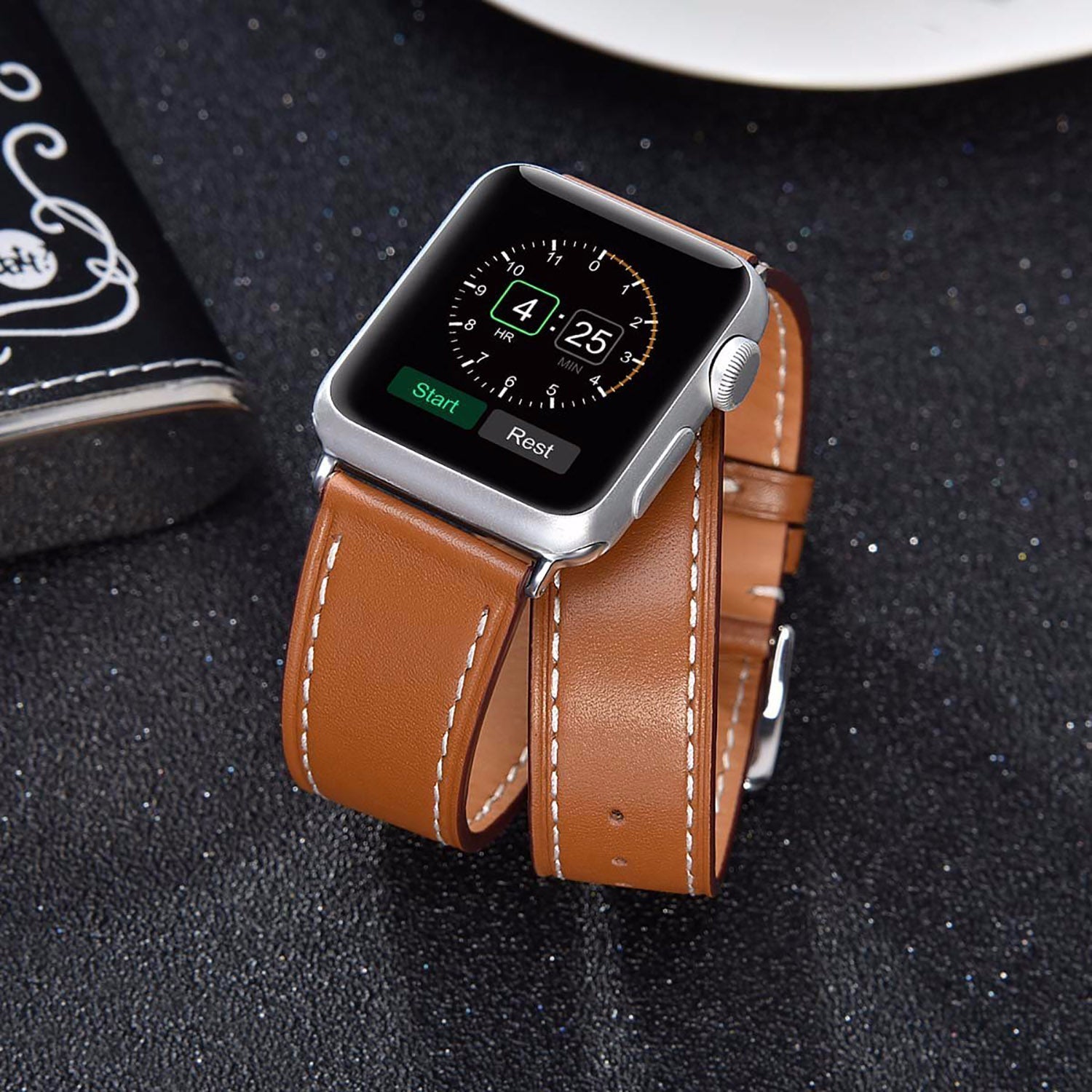 Rose Gold & Light Brown Leather Band for Apple Watch Series 9,8,7,6 SE,  Women Iwatch Band, Double Wrap Leather Apple Watch Strap Bracelet 