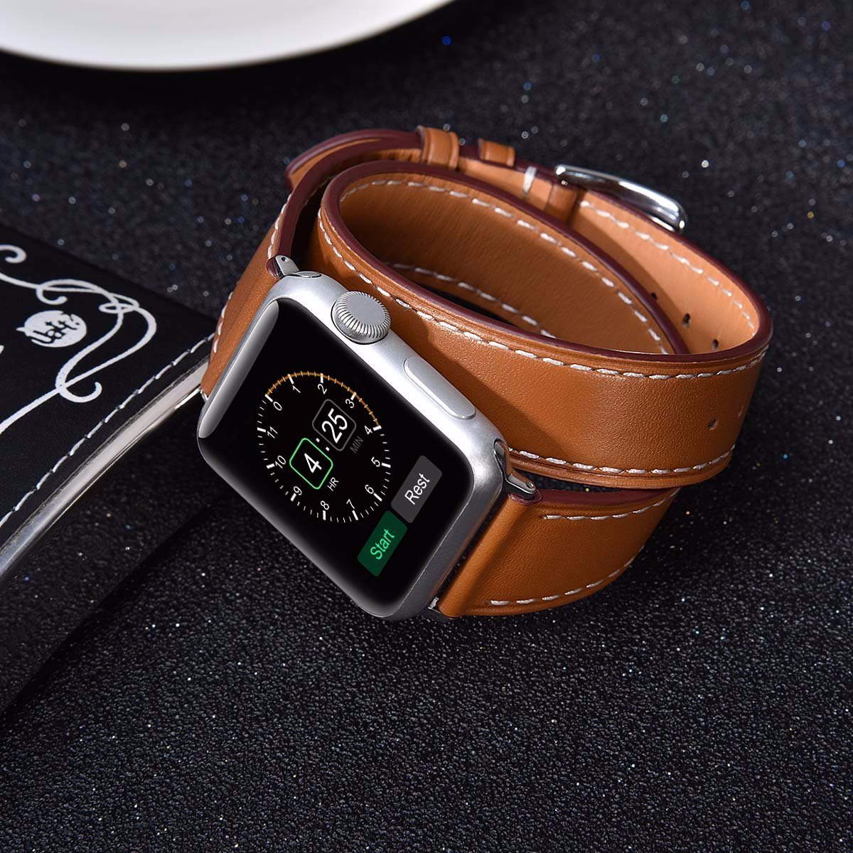 Speidel 42mm Light Brown Luxury Watchband with Black AdaptersBuckle and Case Protective Cover for Smart Watch