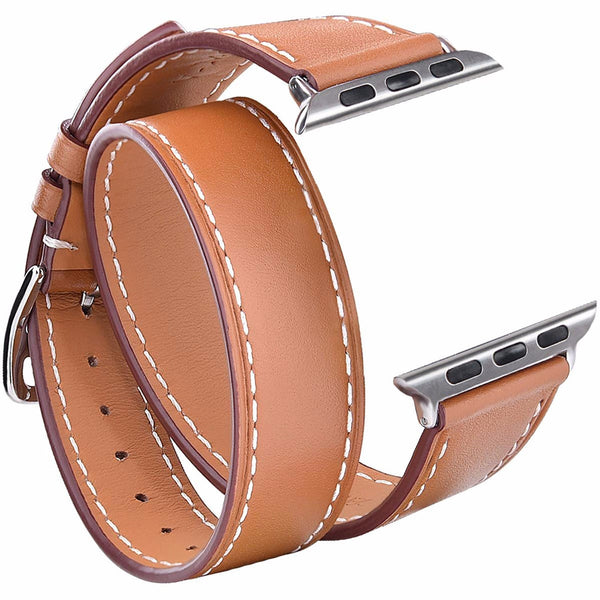 Leeds Double Tour Slim with Silver Bead Apple Watch Leather Straps Tan
