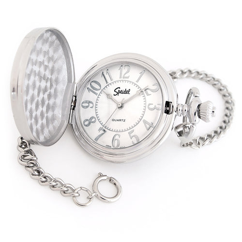 Speidel Classic Smooth Pocket Watch with 14" Chain, Silver Tone with White Dial in Gift Box Engravable