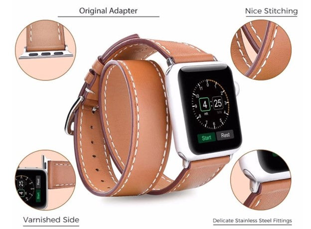 Brown Leather Double Tour Watchband Compatible For Use With The Apple Watch®
