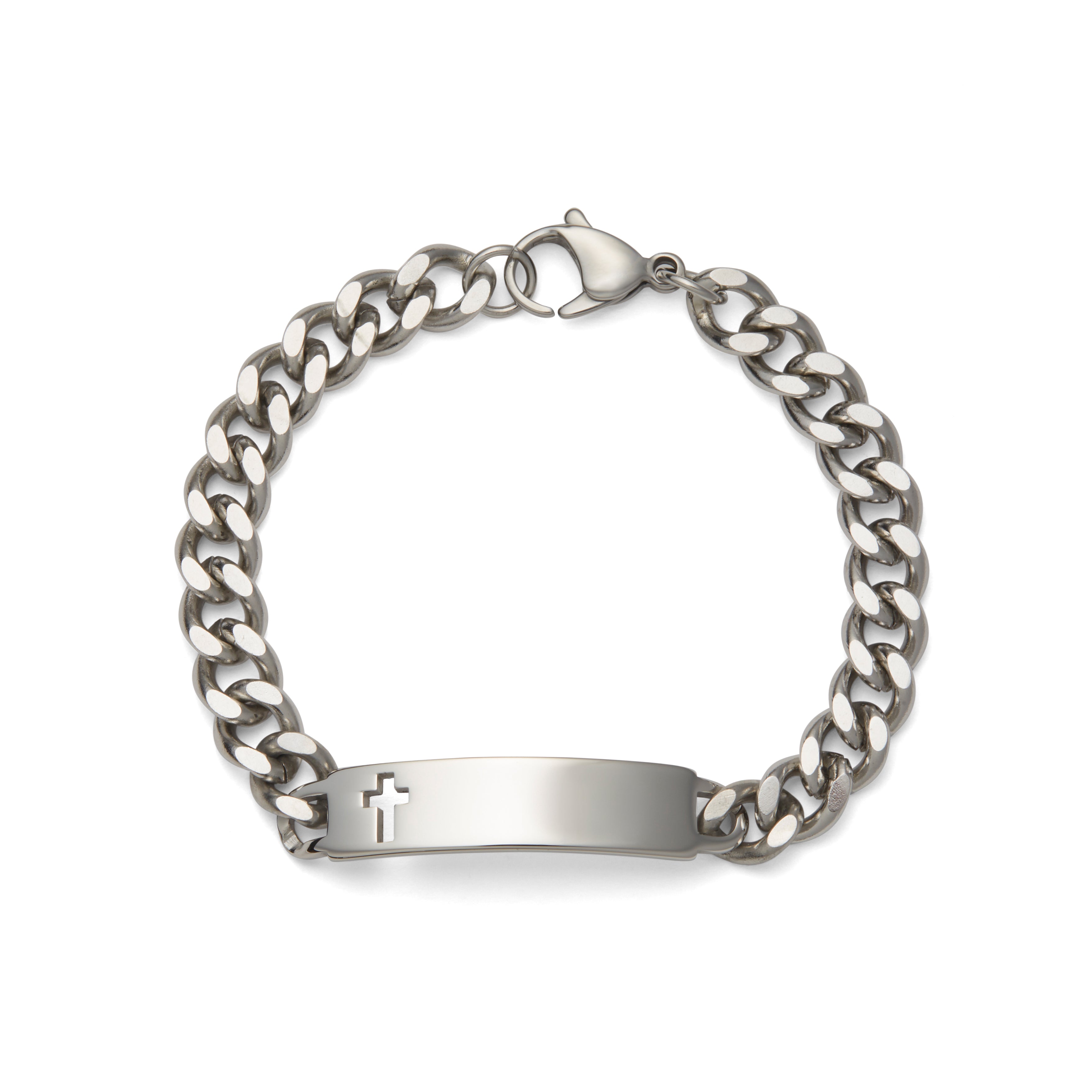 Men's ID Bracelet, Silver And Gold Polished Plaque With Cross