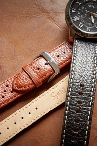 Men's Wide Contrast Stitched Calfskin Leather Watchband in Black and Brown
